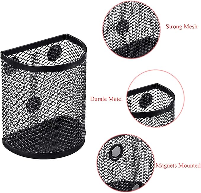 Mantouxixi 2 Pack Magnetic Pencil Holder Fridge, Metal Mesh Basket Storage Organizer with Extra Strong Magnet to Hold Refrigerator, Locker Accessories, Office Supplies - Black (Semicircle)