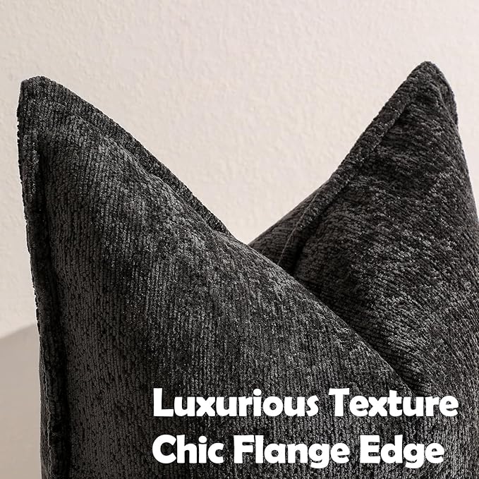 Pack of 2 Black Decorative Throw Pillow Covers 18x18 Cozy Soft Chenille Accent Vintage Square Couch Pillow Covers for Home Decor Bed Sofa Living Room