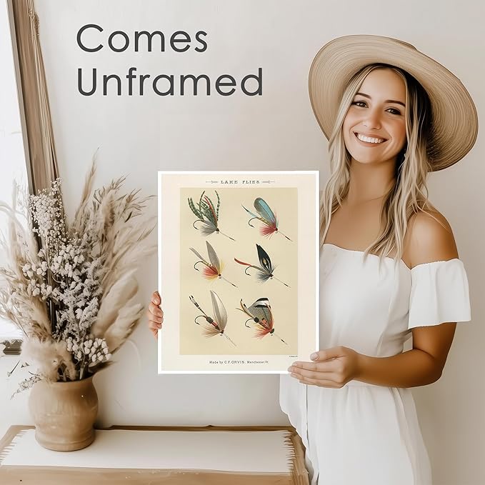 DREAM BIG PRINTABLES Vintage Fly Fishing Decor (Set of 4) - Unframed - 8x10 | Great Gift for Fisherman - Reproductions of Vintage Fishing Lure Art Prints - Rustic Decor
