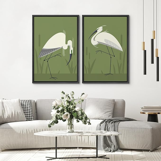 SIGNWIN Framed Canvas Print Wall Art Set Heron Bird Minimalist Egret Illustrations Modern Art Minimal Boho Colorful for Living Room, Bedroom, Office - 24"x36"x2 BLACK