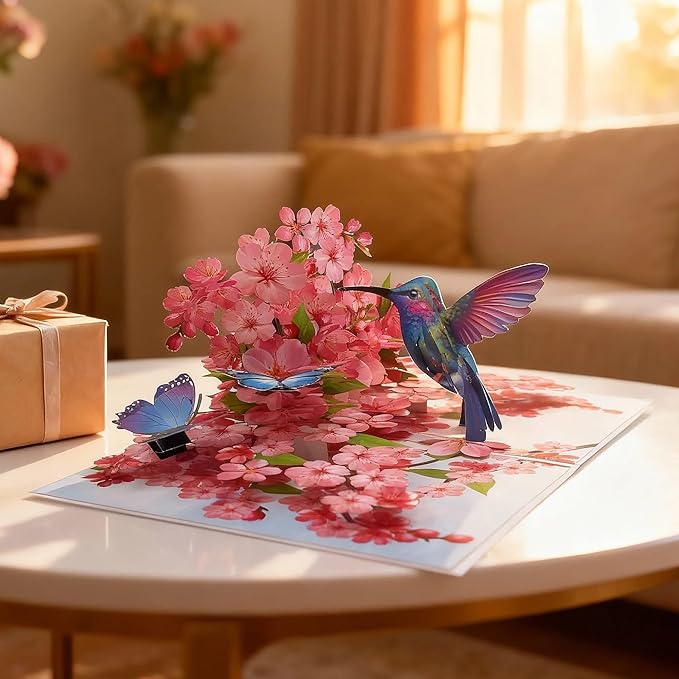 Hummingbird Cherry Blossom Greeting Cards Pop Up 3D Gift for Happy Birthday, Anniversary, Thank you, Blank Notecard, All Occasions Mom Wife Grandma Grand Men Women