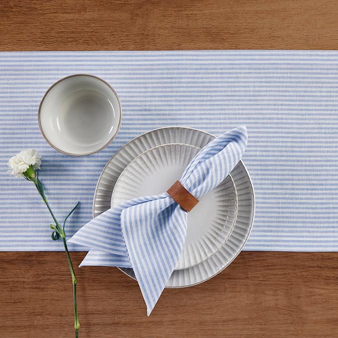 Solino Home Linen Table Runner 48 Inches - Narrow Stripe 100% Pure Linen Cornflower Blue and White Table Runner 14 x 48 Inch Ideal for Dresser and Coffee Tables - Winter, Spring, Easter