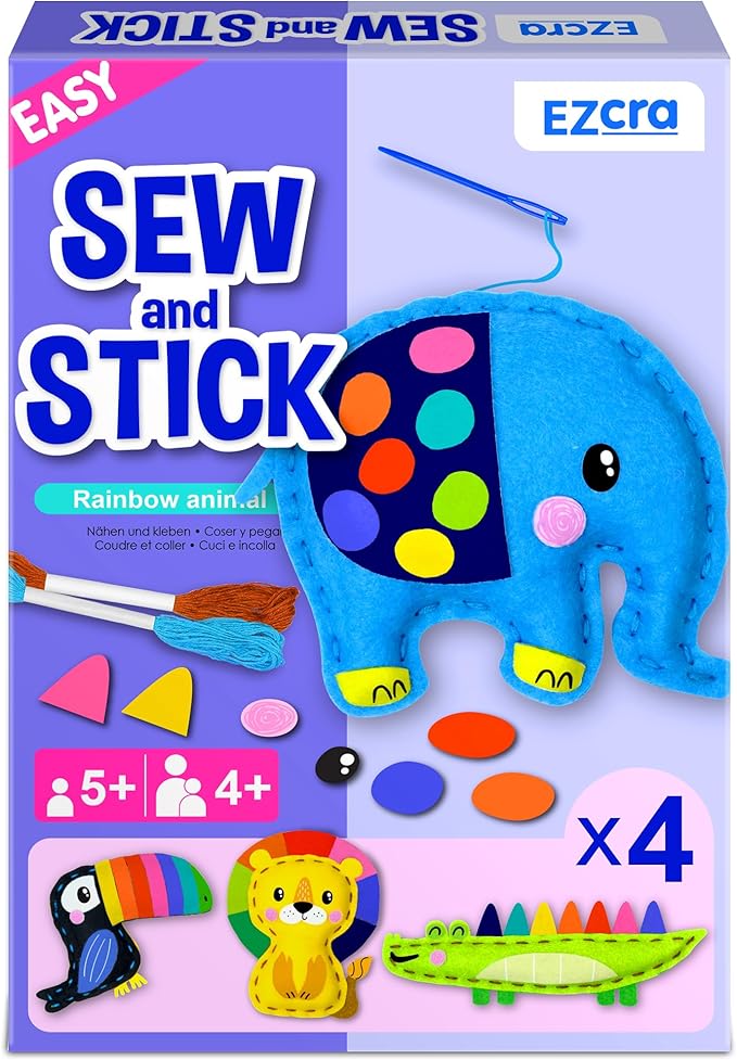 EZCRA Safari Animals Sewing Kit for Kids Ages 4-8, No-Mess Felt Craft Projects, 4 Easy Beginner Learn-to-Sew Toys for Boys and Girls