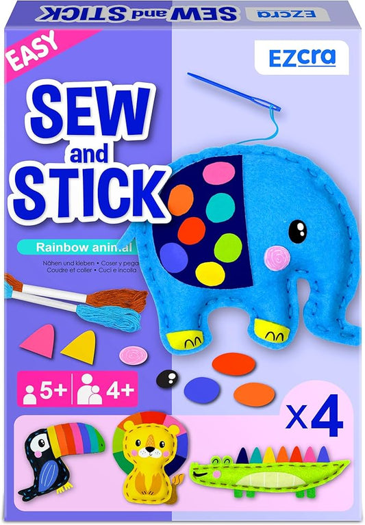 EZCRA Safari Animals Sewing Kit for Kids Ages 4-8, No-Mess Felt Craft Projects, 4 Easy Beginner Learn-to-Sew Toys for Boys and Girls