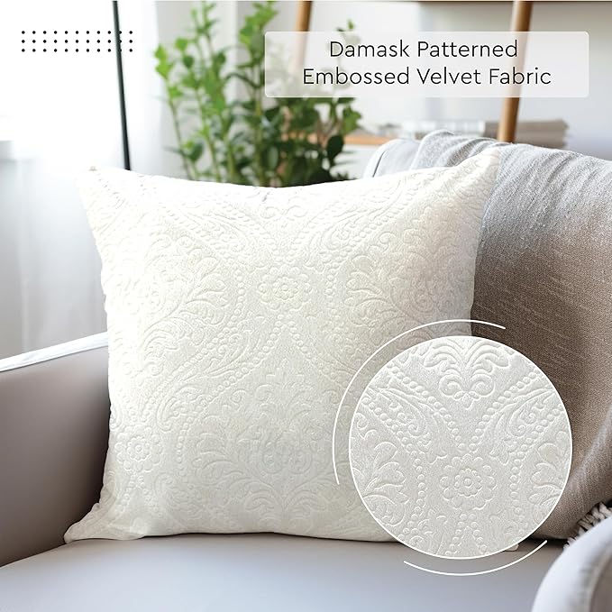 Encasa XO Luxury Embossed Velvet Throw Pillow Covers - Plush Cushion Covers for Elegant Living Rooms & Bedrooms, Machine Washable, 20"x20" White | Set of 2 | Covers Only No Insert