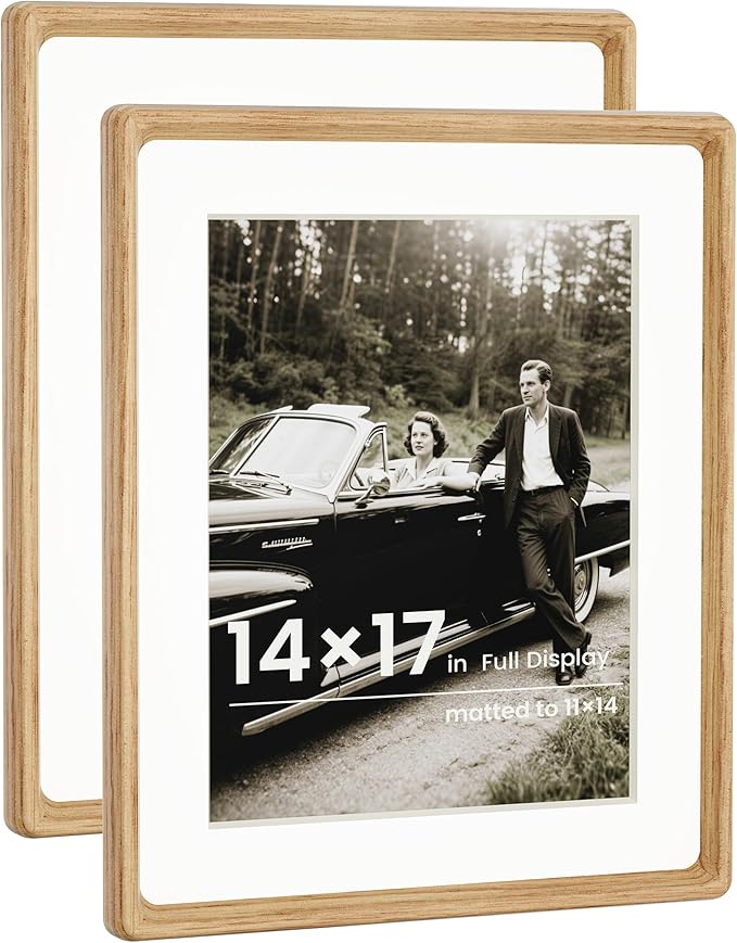 HELPLEX 14x17 Premium Picture Frame Set of 2 - Solid Oak Wood, UV-Blocking Plexiglass, Convertible 11x14 Matted or 14x17 Open Display - Wall Art Gallery & Luxury Home Decor