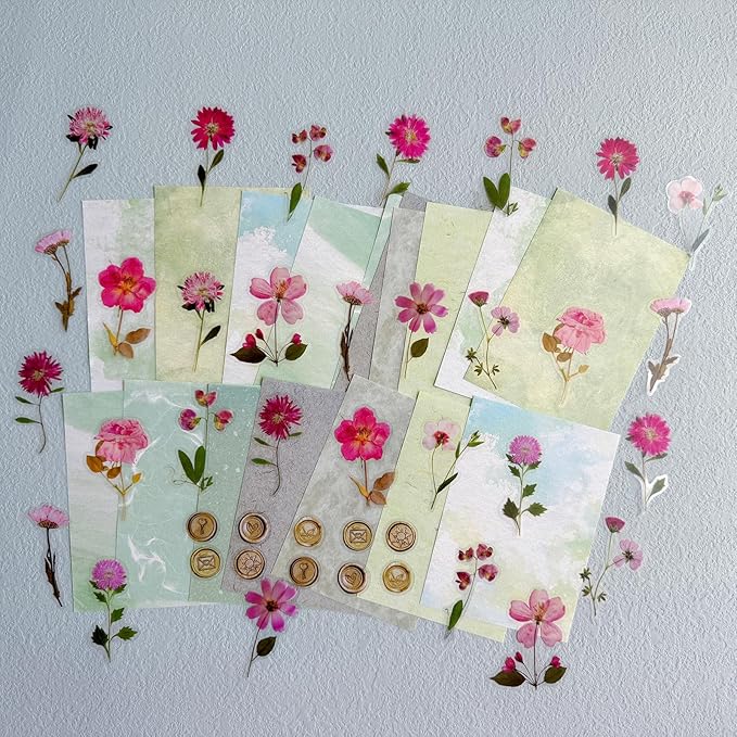 MOLNESO 132pcs Pastel Aesthetic Journal Paper Kit, Embossed Background Papers with Clear Dried Flower Stickers, Mixed Textured Scrapbook Papers for Collage, Junk Journals, Card Making, DIY Crafts