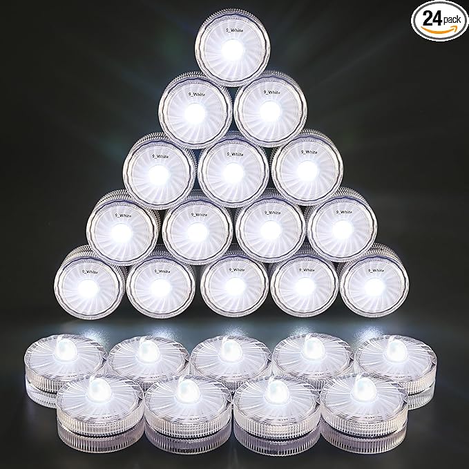HL Submersible LED Light,White Small LED Light,100 Hours Waterproof Flameless Led Lights Battery Powered for Wedding Home Vase Festival Party Decoration 24pcs (Built-in 48 Batteries)