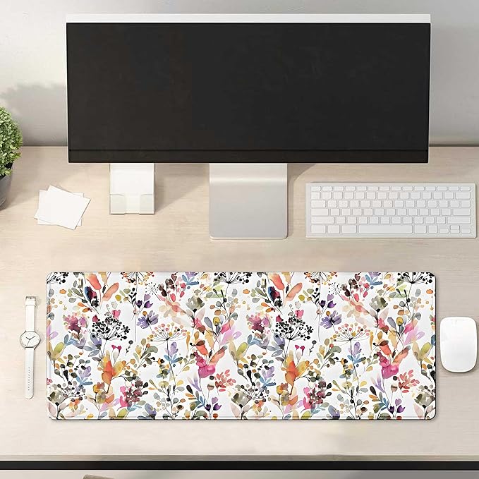 Watercolor Flowers Pink Large Mouse Pad with Stitched Edges, Floral Patterns Big Mousepad for Desk. Premium-Textured Mouse Mat, Non-Slip Rubber Base Mousepad for Laptop, Computer & Pc