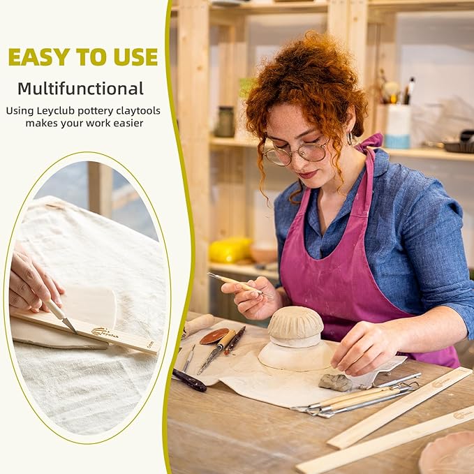 10PCS Pottery Tools, LEYCLUB Clay Rolling Pin Set with 5 Size Mud Stick Guide for Precise Clay Thickness, for Hobbyists, Potters (L- 15.7 inch / 40 cm)