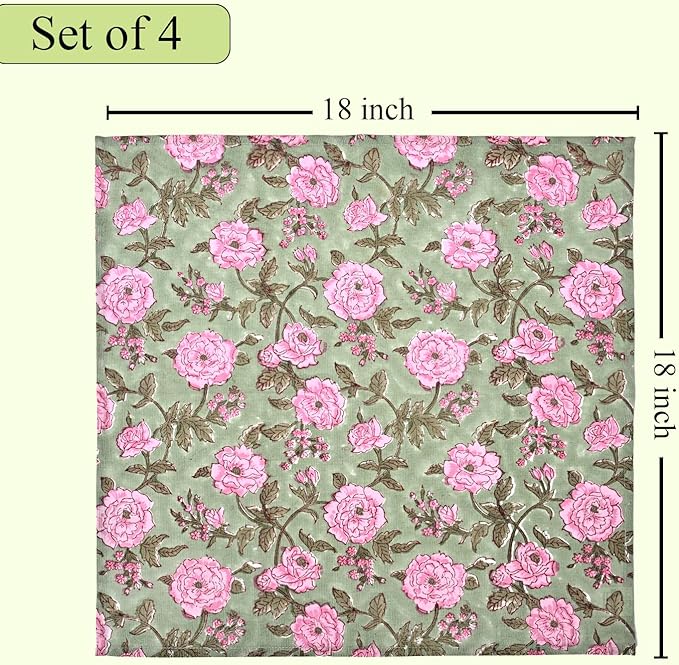 CPC Cloth Napkins 100% Cotton Set of 4 Reusable Napkins, Indian Block Print Toile Floral Dinner Napkin, Fall Thanksgiving Christmas Holiday Party Gift - Soft Absorbent Napkin, 18"x18" Pink Tourmaline