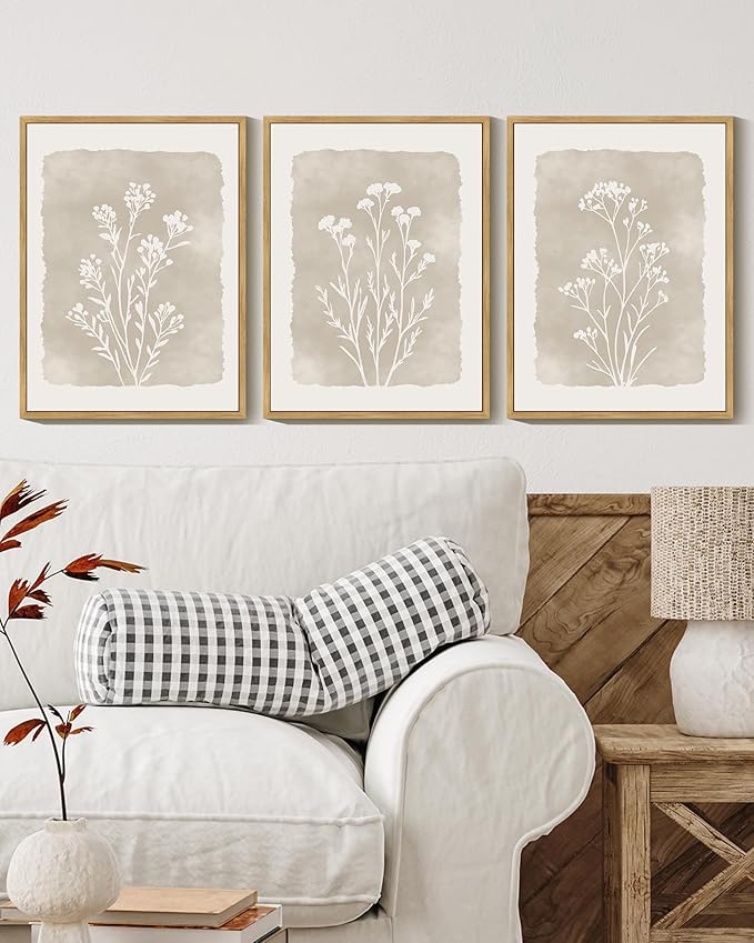 KUVIOKE Boho Botanical Flower Framed Wall Art Farmhouse Vintage Floral Wall Painting Rustic Wildflower Neutral Prints Artwork Home Decor 12x16in (Natural Framed)
