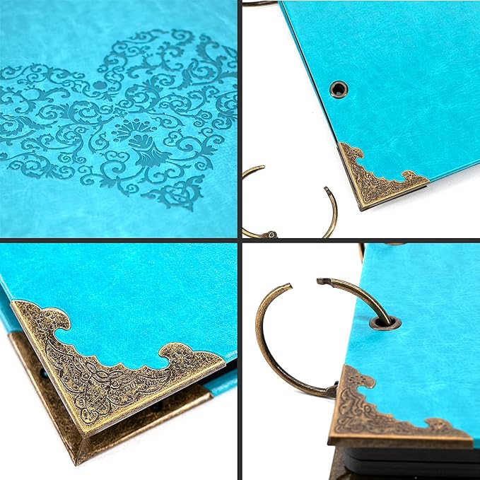 Photo Album DIY Scrapbook, 10x10 inch 50 Pages Vintage Leather Cover Three-Ring Binder Picture Booth Albums + 9 Colors 408pcs Self Adhesive Photos Corners for Personalized Memory Keep (Cyan)