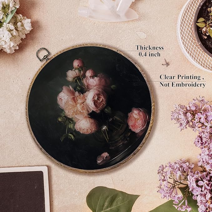 FUGWN Vintage Pink Peony Floral Round Wall Art Decor Framed, Dark Cottagecore Floral Canvas Artwork Prints, Moody Botanical Flower Wall Hanging Decorations for Home Bedroom Living Room, 10x10 Inch