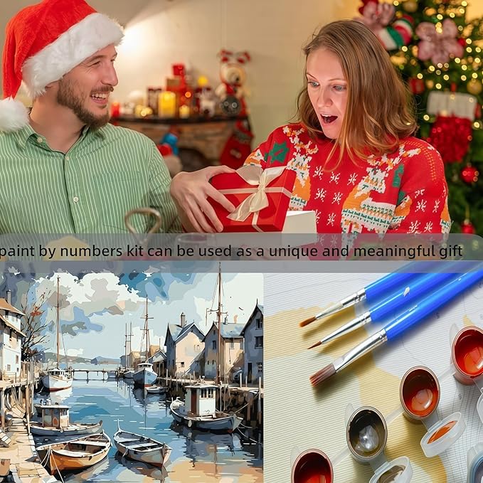 Paint by Numbers Kit for Adults Beginners, Landscape Easy Adult Paint by Number Kits On Canvas, Seaside Town DIY Acrylic Watercolor Oil Paint by Number for Home Decor for Home Wall Decor 16x20Inch