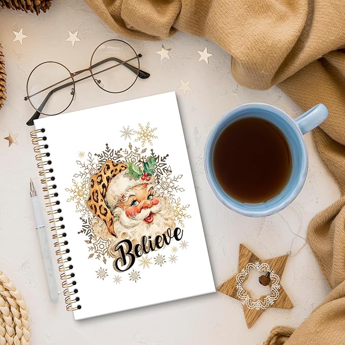 XNXLDYLH Trendy Gold Christmas Santa Notebook Journal, Vintage Preppy Spiral Notebook, Leopard Cheetah Santa Journals Notebooks for Women Men, Christmas Office School Supplies Gifts for Kids,5.5x8.3In
