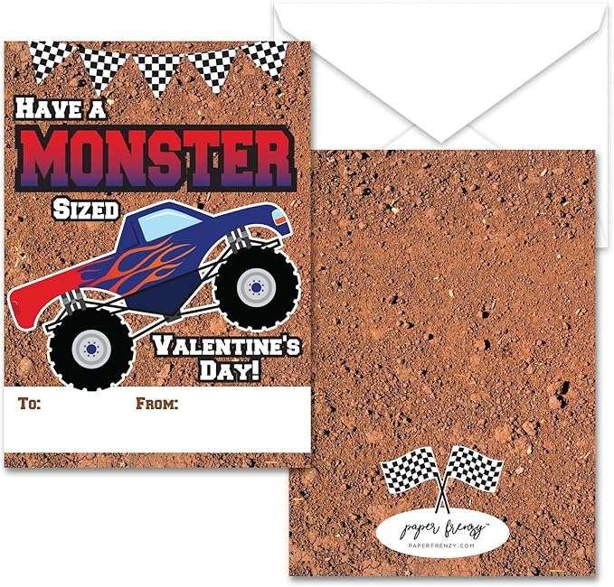 Paper Frenzy Monster Truck Themed Valentines - 25 pack WITH ENVELOPES