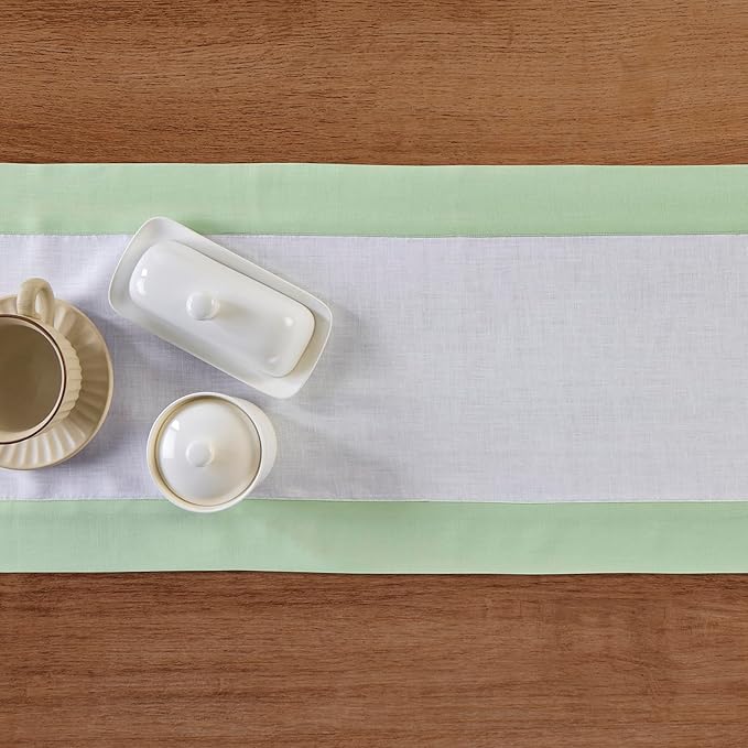 Solino Home Linen Table Runner 72 Inches Long - 100% Pure Linen Light Green and White Dining Table Runner 14 x 72 Inch for Spring, St Patricks Day, Easter - Contempo