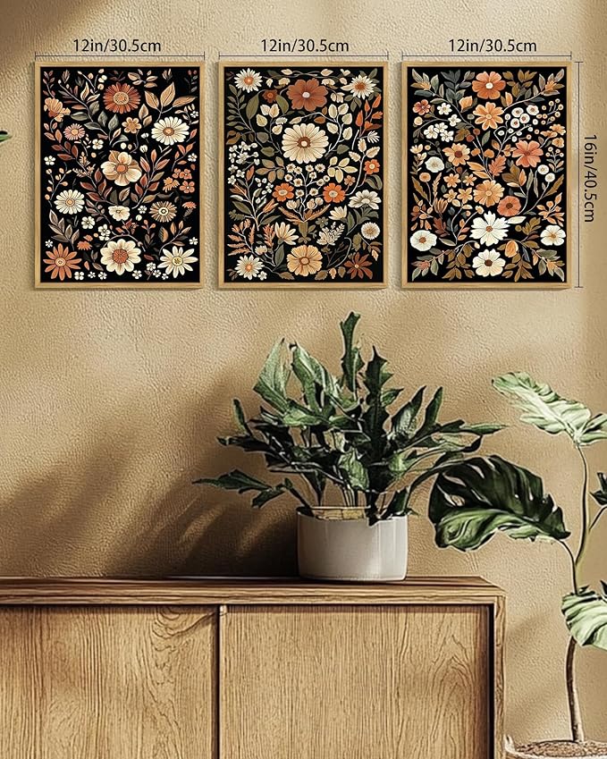 KUVIOKE Orange Vintage Flower Framed Wall Art Boho Floral Wall Decor Retro Wildflower Modern Art Prints Bedroom Living Room Home Decor 12x16in (Natural Framed)