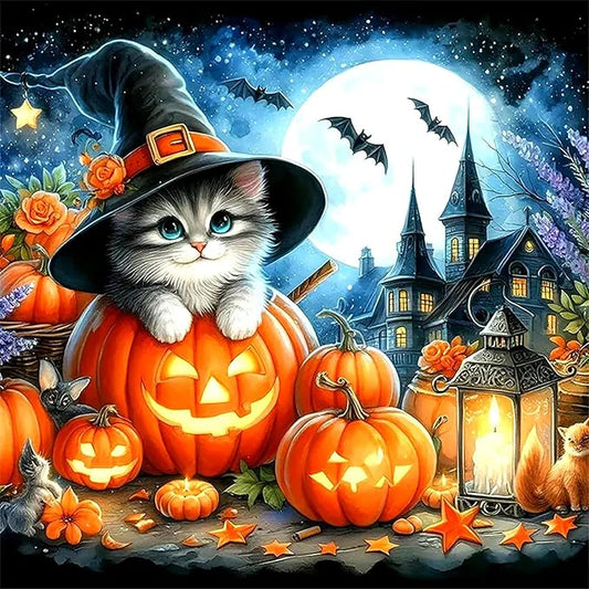 mrpwnle Diamond Art Kits for Adults, Halloween Diamond Painting Kits for Beginners, Halloween Cat Pumpkin Diamonds Art Painting Kits, 5D Round Full Drill Crafts Kits Home Decor Gifts 12x12in