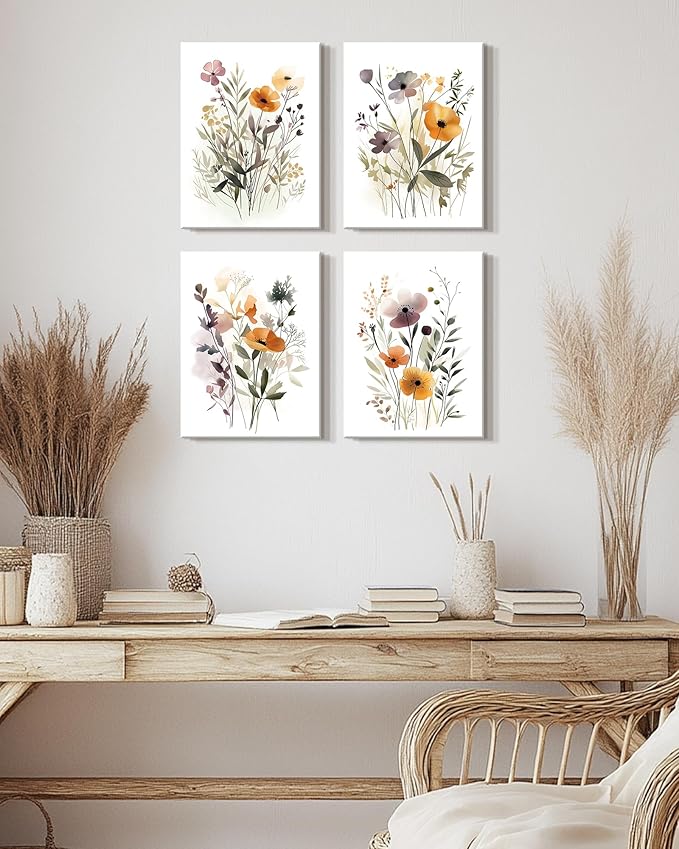 Drsoum Wildflower Bouquet Boho Framed Wall Art Wooded Minimalist Aesthetic Botanical Flower Prints Modern Plants Bathroom Kitchen Home Decor Ready to Hang 12x16inx4pcs (Framed)
