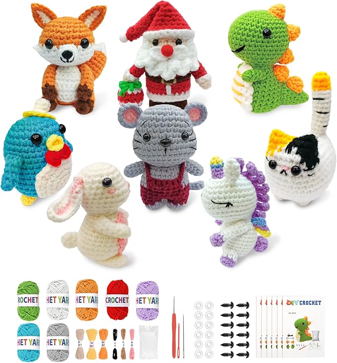 HUASHILUO 8Pcs Crochet Kit for Beginners, 2026 DIY Craft for Adults and Kids, Great Christmas Gift for Crochet Lovers, Crocheting Animal Kits with Step by Step Videos,Yarn,Crochet Hook (Grey)