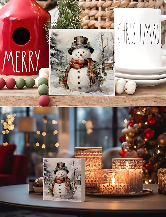 Vintage Snowman Winter Christmas Wooden Box Sign, Snowman Christmas Decorations, Rustic Xmas Winter Snowy Tree Cottage Wood Signs for Home Office Desk Shelf Tabletop Decor, 5x5 Inch Decorative Signage