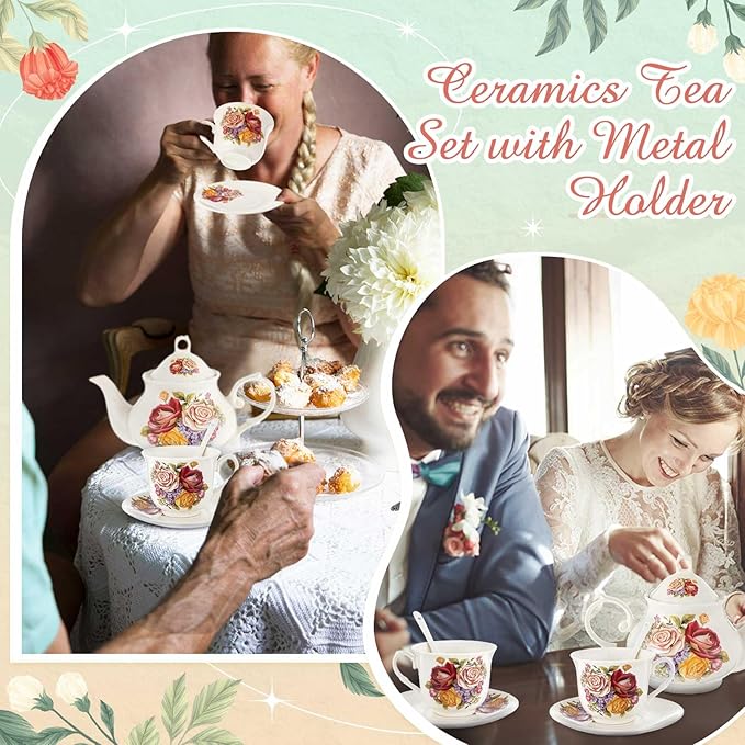 Zhehao 20 Pcs Porcelain Tea Set with Metal Holder and Spoon Adult Ceramic Tea Set European Flower Painting Teapot Cup Saucer Spoon for Women, Large Version(Styleish Style)