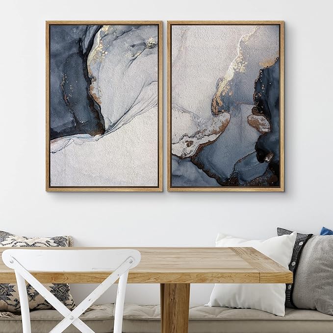 SIGNWIN Framed Canvas Print Wall Art Set Pastel Watercolor Blue Smoke Waves Abstract Shapes Illustration Modern Art Minimalism Decorative Nordic for Living Room, Bedroom, Office - 16"x24"x2 Natural