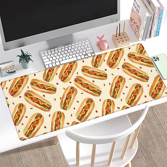 Hot Dog Gaming Mouse Pad, Office Desk Mat, Anti-Slip Rubber Base Cool Aesthetic Mouse Pads for Computer Laptop Keyboard School Home Desktop Gamer Home Accessories Decor 31.5" x 11.8"