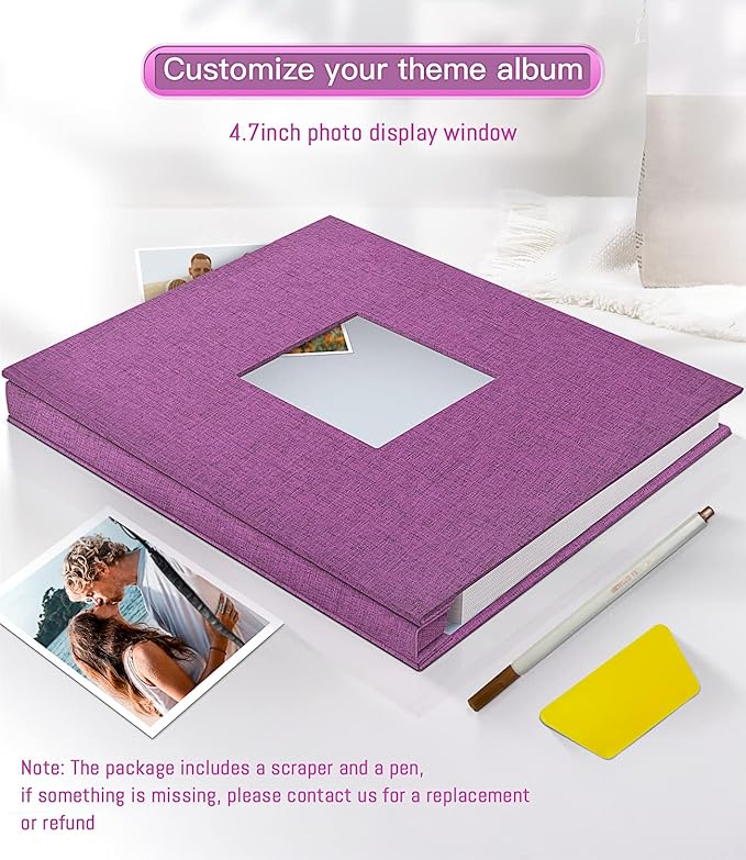 popotop Photo Album Self Adhesive with Picture Display Window,60 Pages DIY Scrapbooking Supplies Kit for 4x6 10x12 Picture,Linen Cover Memory Book for Baby Wedding, with Scraper and Metallic Pen