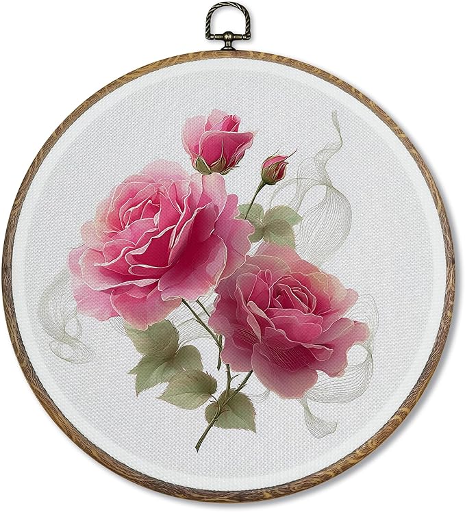 FUGWN Vintage Pink Rose Round Wall Art Decor Framed, Cottagecore Floral Canvas Artwork Prints, Rustic Retro Pink Flower Wall Hanging Decorations for Home Bedroom Living Room, 10x10 Inch