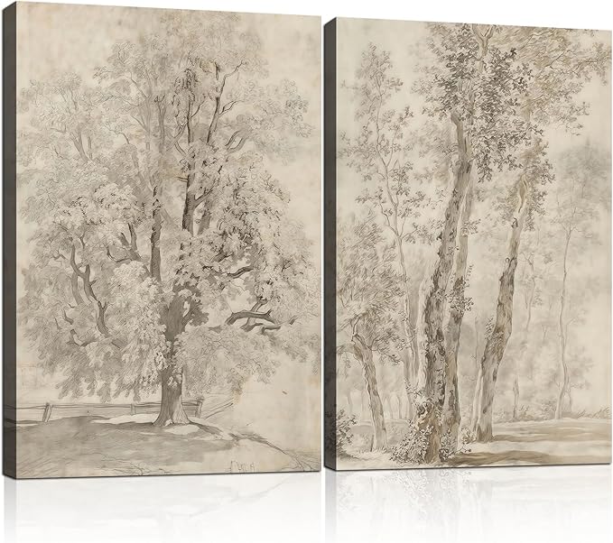 2pcs Framed Vintage Trees Canvas Landscape Sketch Wall Painting Plant Nature Picture Print Poster Rustic Nature Wabi Sabi Home Painting Bedroom Living Room Studio Decor 16x24 Inch Ready to Hang