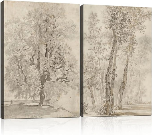 2pcs Framed Vintage Trees Canvas Landscape Sketch Wall Painting Plant Nature Picture Print Poster Rustic Nature Wabi Sabi Home Painting Bedroom Living Room Studio Decor 12x16 Inch Ready to Hang
