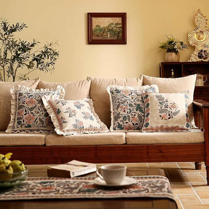 ISAENNE Design Square Linen Vintage Throw Pillow Covers 18"x18" Set of 4, Gray Green Farmhouse Cushion Covers with Silver Lotus Floral Pattern Decor Pillowcases for Bed,Living Room,Outdoor,Car