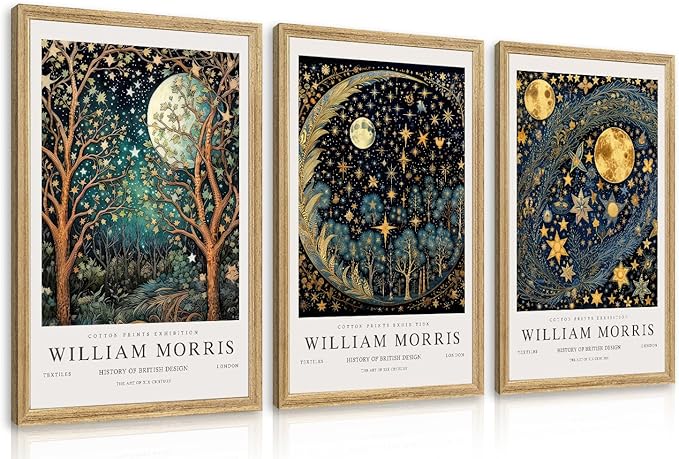 Hianan William Morris Canvas Wall Art, Vintage Gold Moon Stars Poster Prints, Many Dreamlike Stars Wall Decor, Retro Botanical Aesthetic Picture for Bedroom Living Room Office Wood Framed 16"x24"x3