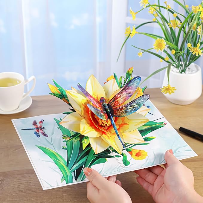 Dragonfly & Daffodils Flower Pop Up Card, 3D Birthday Card for Women, Mom, Gift for Birthday, Mothers Day, Valentines, Thank You, All Occasion for Her, Wife, Grandma, Sister, Daughter, Girlfriends