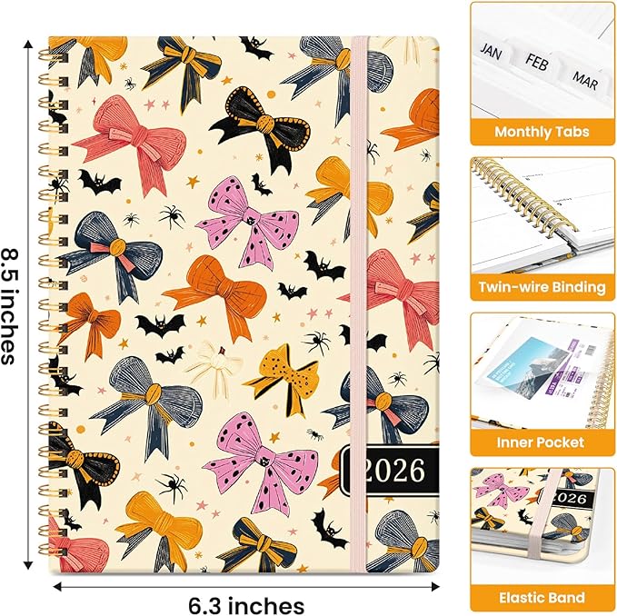 2026 Planner, Monthly and Weekly Calendar Planner for Women, Jan 2026 - Dec 2026, Hardcover Pretty 2026 Agenda Planner Book with Tabs, Spiral Bound, Perfect for School Office Home Supplies, 6.3" x 8.5" - Festive Bows