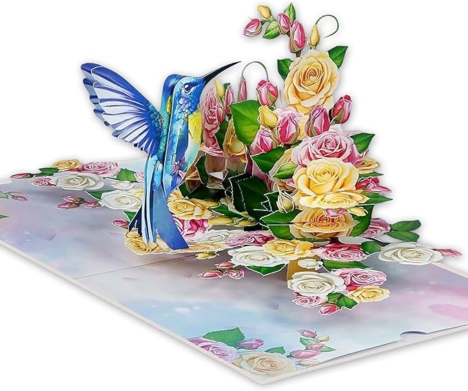 Greeting Card Blue Hummingbird with Roses 3D Pop-Up Cards Handmade Birthday Flower Gift for Women, Mom, Wife, Men 6x8 Inches Aniversary Wedding Christmas Gifts Floral