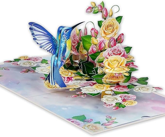 Greeting Card Blue Hummingbird with Roses 3D Pop-Up Cards Handmade Birthday Flower Gift for Women, Mom, Wife, Men 6x8 Inches Aniversary Wedding Christmas Gifts Floral