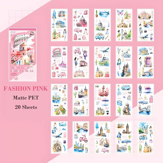 Journaling Sticker Book, 20 Sheets Scrapbook Stickers, Junk Journal Supplies, Pre-Cut Aesthetic PET Materials, Watercolor Scrapbooking for Adults, Decorative Ephemera Bullet Planner Arts Craft