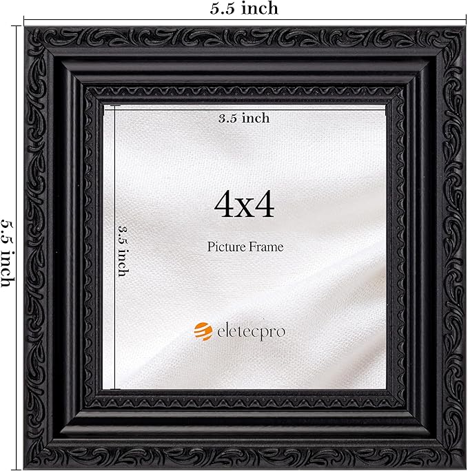 eletecpro 4x4 Picture Frames Set of 4, Ornate Vintage Photo Frames with Glass, Rustic Gothic Frame Displays 4x4 Photo for Tabletop, Black