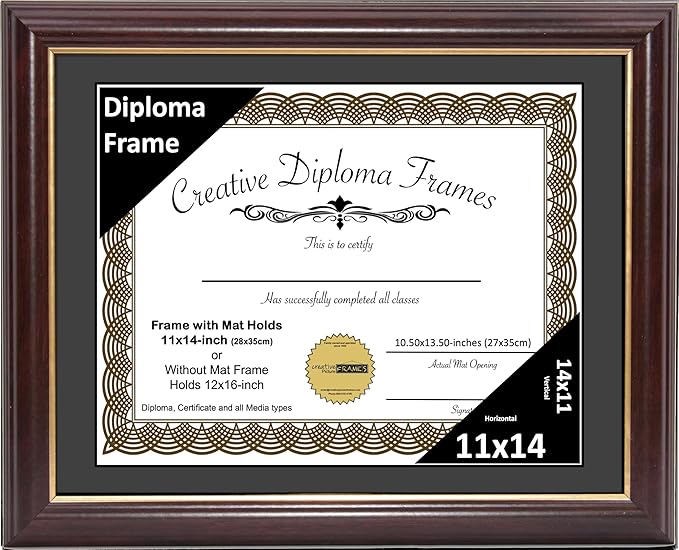 Creative Picture Frames 11x14 Mahogany Gold Rim Diploma Frame with Black Mat Glass and Installed Wall Hangers | Frame Holds 12x16 Media without Mat