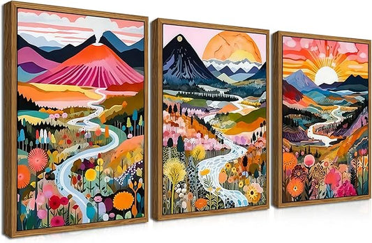 Floating Framed Large Boho Colorful Wall Art, Abstract Watercolor Mountain Landscape Wall Decor Painting Set of 3, Modern Flower Aesthetic Posters Prints for Living Room Bathroom Bedroom 16x24 Inch