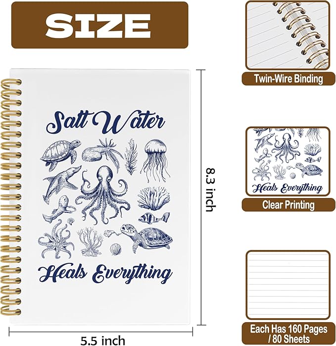 Coastal Beach Notebook, Inspirational Salt Water Heals Everything Ocean Marine Journal Notebooks, Ocean Themed Gifts, Beachy Office School Supplies Hardcover Spiral Notebook 5.5x8.3 Inch