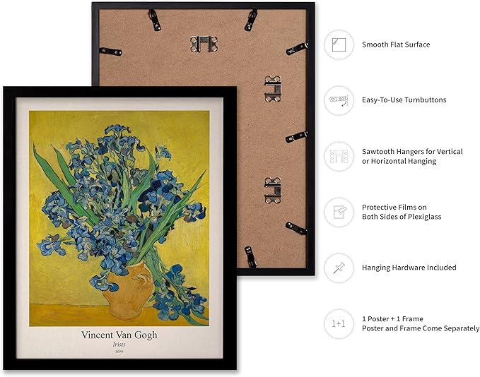 Monem Art Vintage Van Gogh Poster - Retro Irises Print - Flowers in Vase Art - Impressionism Art - Floral Art - Fine Art - Classic Painting Art - Living Room Wall Decor - 8x10 Black Framed