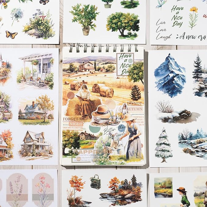 Countryside Journaling Stickers, Junk Journal Sticker for Adults, 20 Sheets Pre-Cut Stickers, Vintage Ephemera Scrapbooking Supplies, Craft Arts