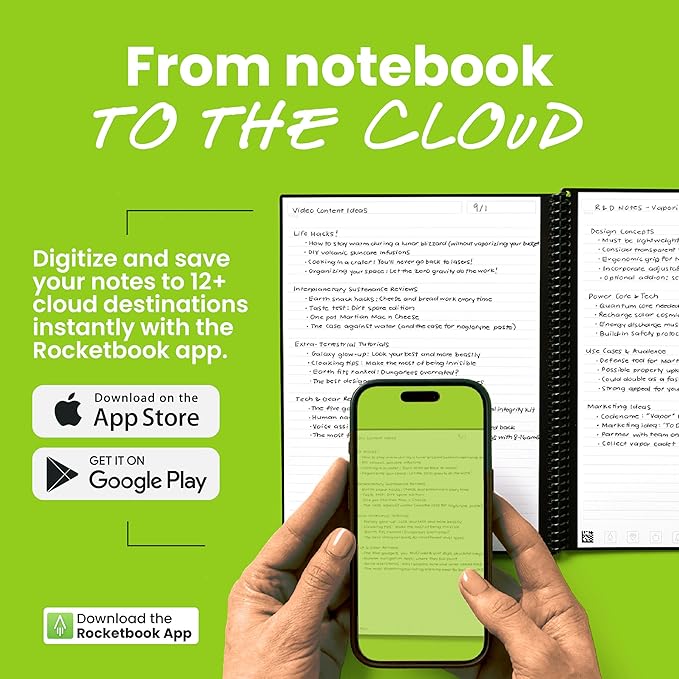 Rocketbook New Core Reusable Spiral Notebook, Letter Size 8.5x11, Green - Lined Pages, App-Connected, Erasable, Durable Cover, Ideal for School, Work, and Creative Projects