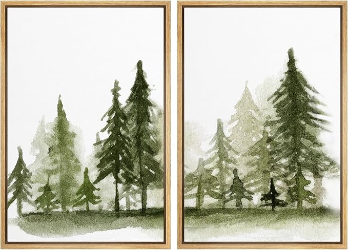 SIGNWIN Framed Wall Art Print Set Watercolor Dark Green Forest Pine Trees Nature Wilderness Illustrations Modern Art Rustic Relax/Calm Multicolor for Living Room, Bedroom, Office - 16"x24"x2 Natural