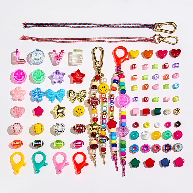 HolidayQbee DIY Bead Keychain Making Kit Beads-304 PCS Beaded Bag Charm Making Kit Rugby Football Letter Alphabet Name Beads Key Chain Making Kit Jewelry Supplies for Kid Girl Christmas Gifts
